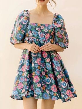 Storia Floral Mini Dress - Navy with Pink & Green Accents